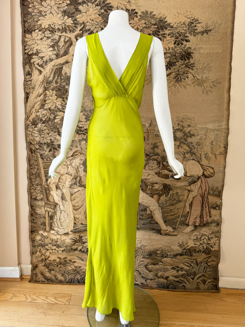 1930s Chartreuse Silk Chiffon Dress