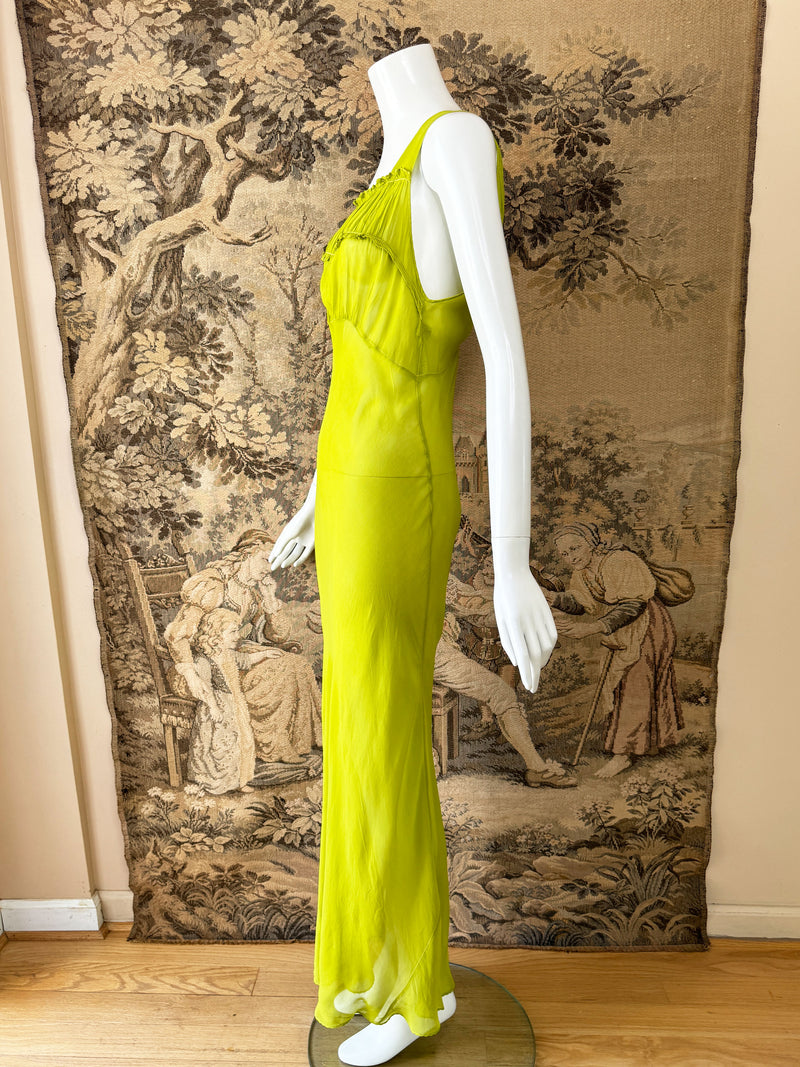 1930s Chartreuse Silk Chiffon Dress
