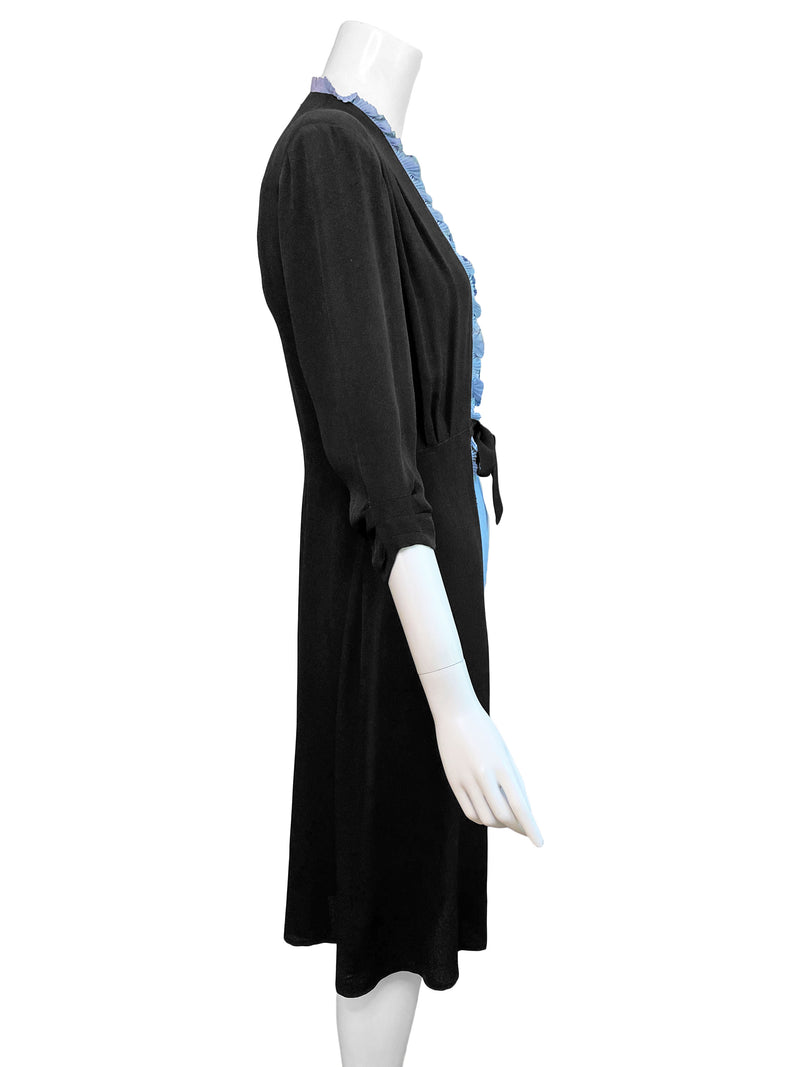 1930s Black & Blue Crepe Dress