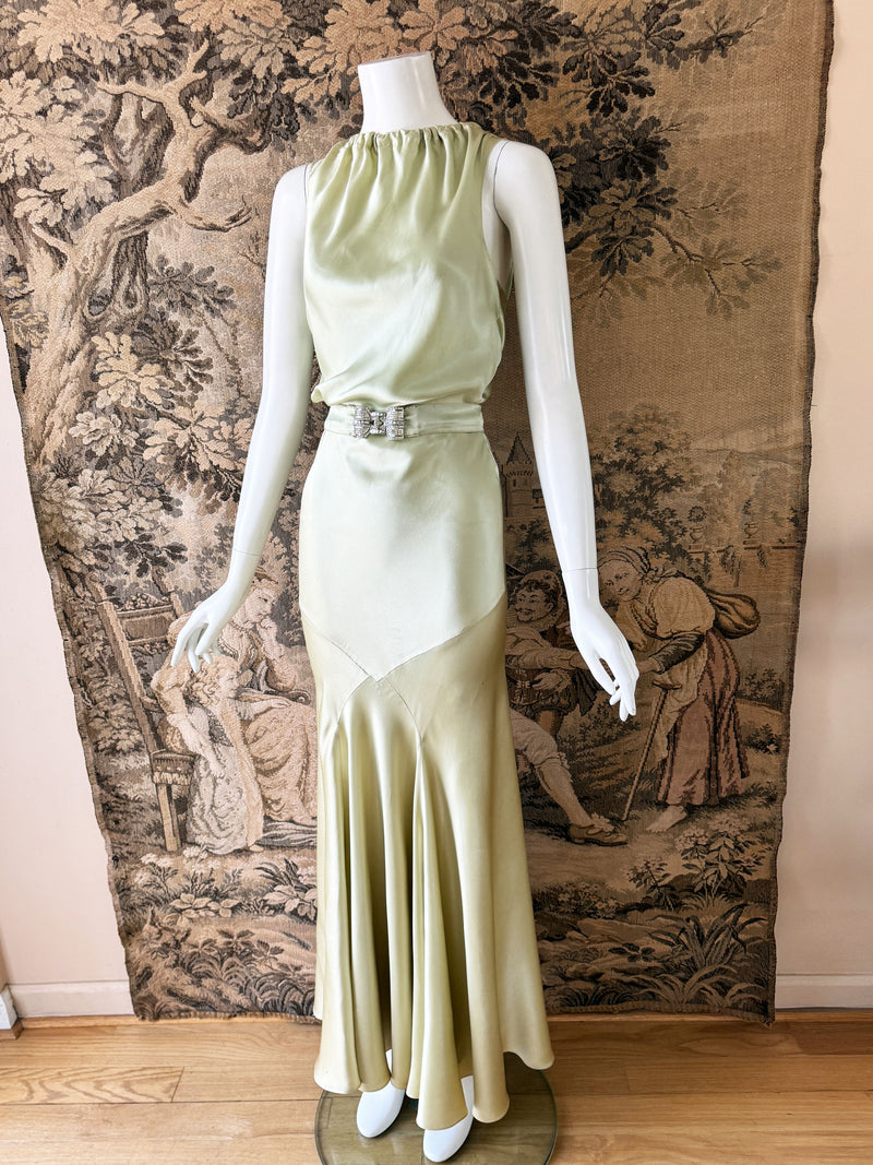 Art Deco 1930s Celadon Green Satin Dress