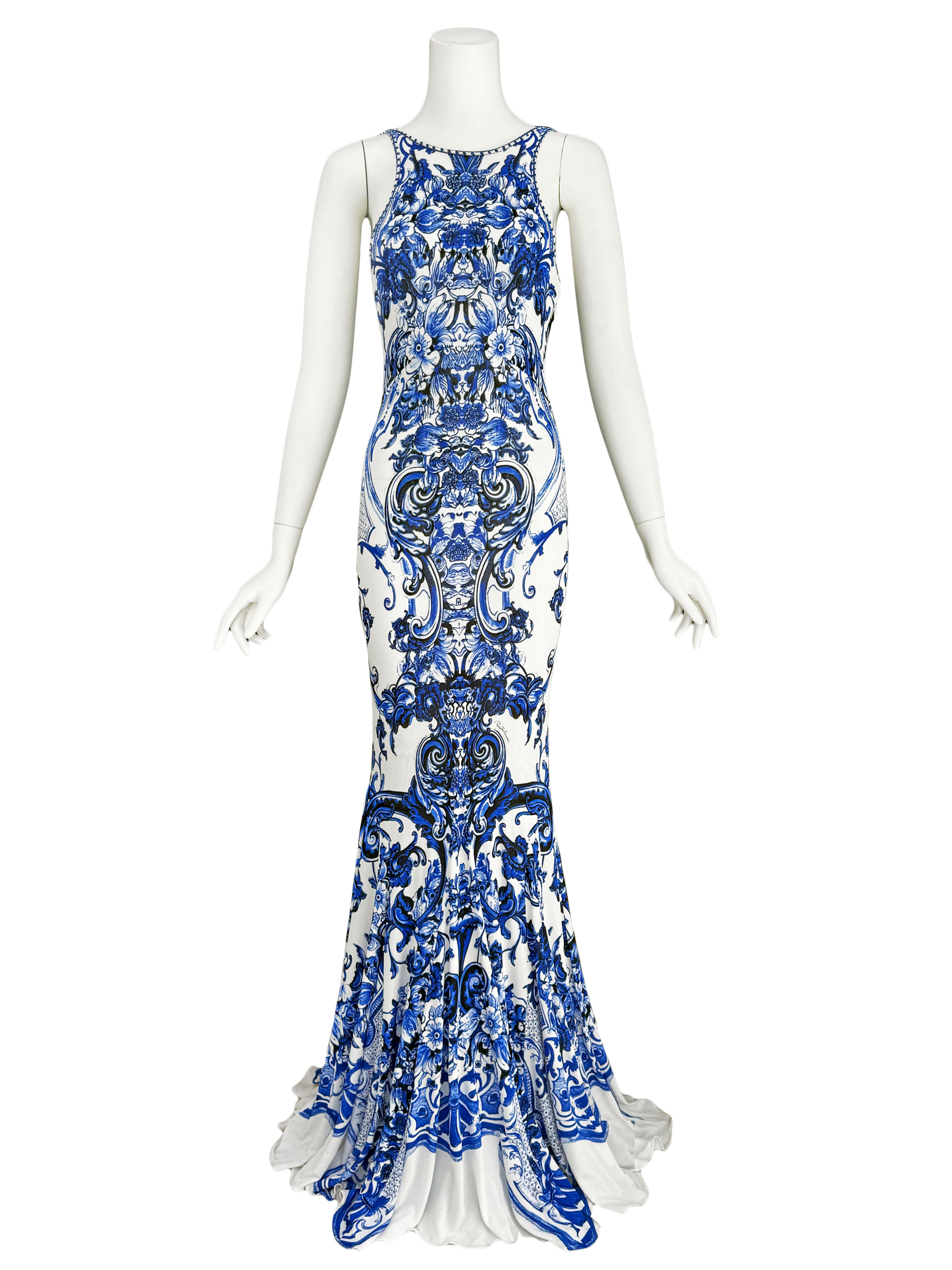 Roberto Cavalli 2013 Blue & White Print Maxi Dress