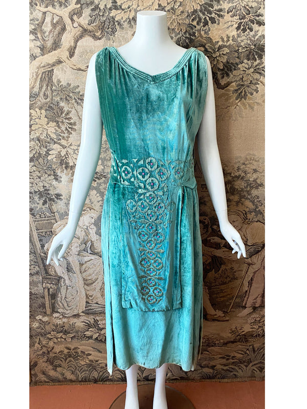 1920s Arsenic Green Velvet Dress