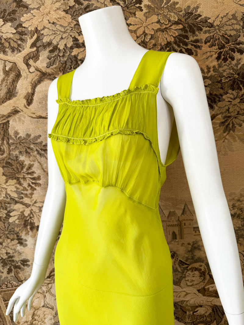 1930s Chartreuse Silk Chiffon Dress