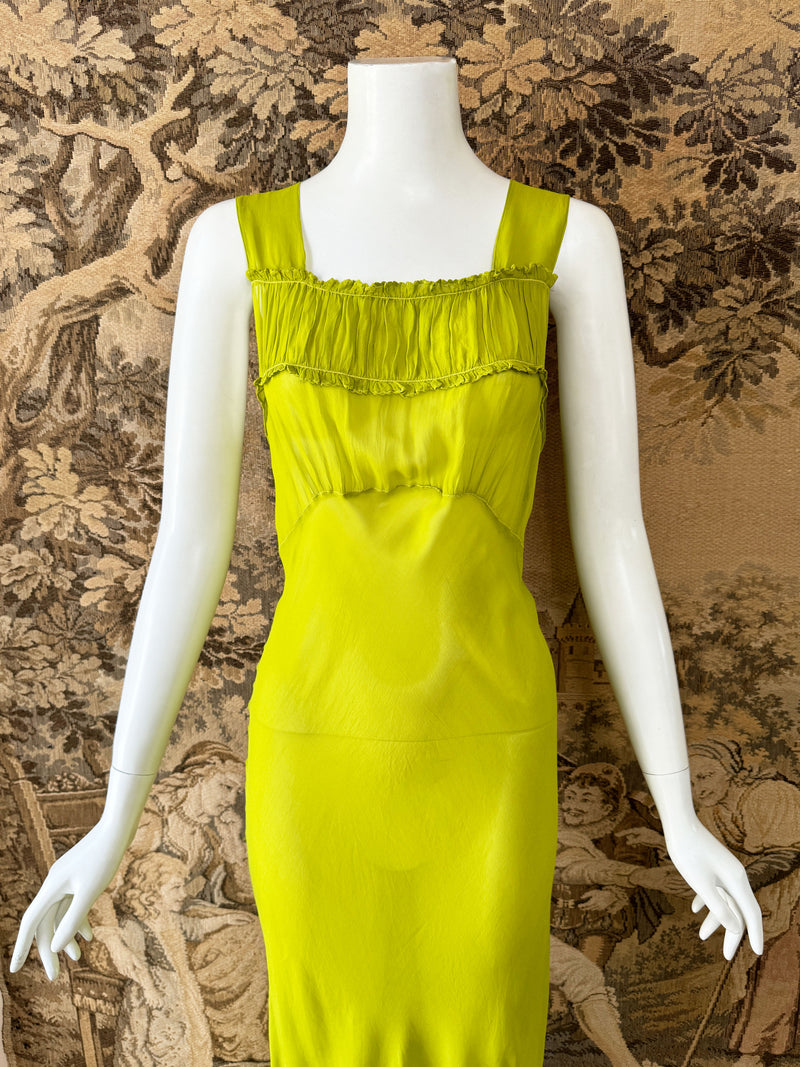1930s Chartreuse Silk Chiffon Dress
