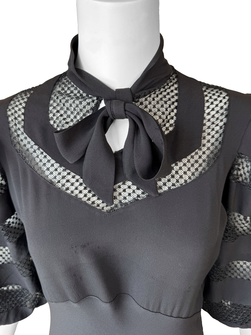 1930s Art Deco Black Balloon Sleeve Maxi Dress