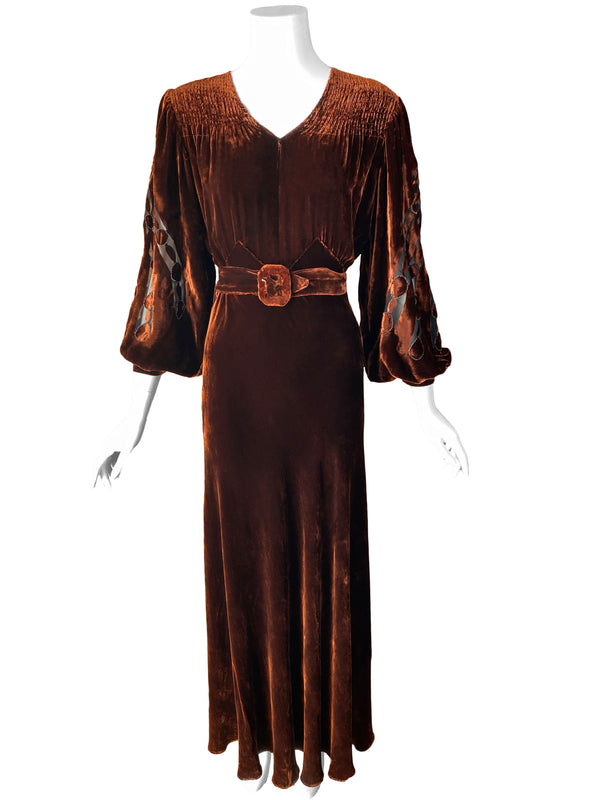 Art Deco 1930s Copper Velvet Dress