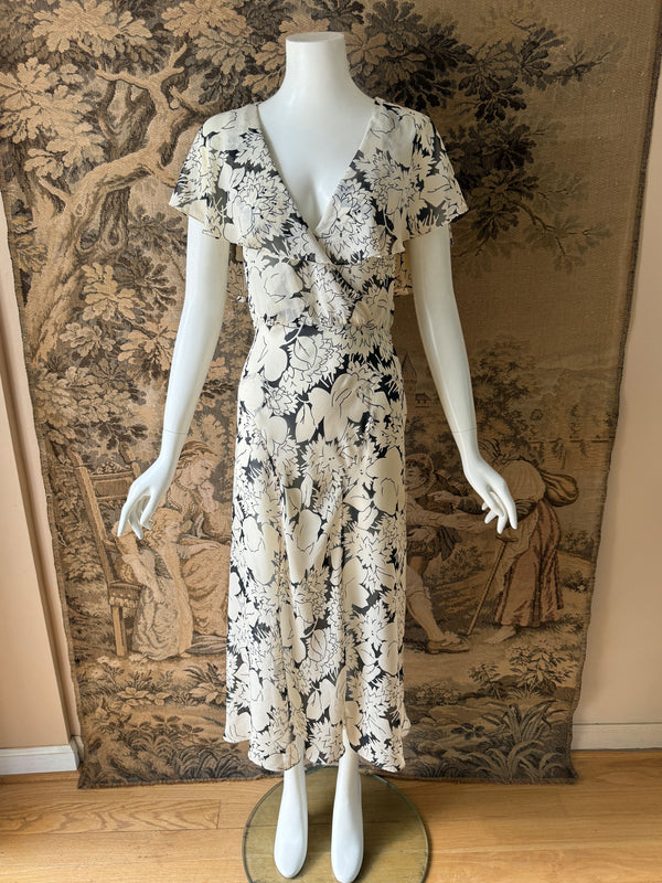 1930s Black & White Chiffon Midi Dress