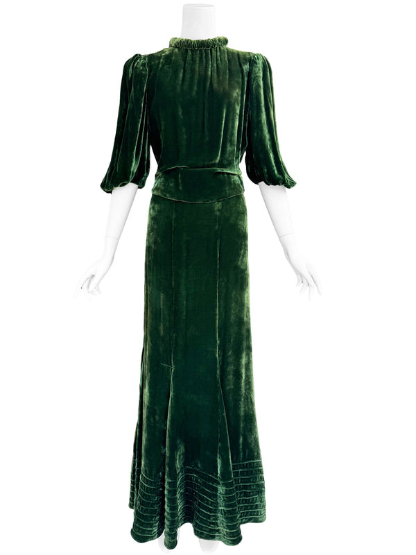1930s Art Deco Green Velvet Gown