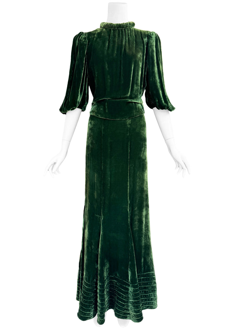 1930s Art Deco Green Velvet Gown
