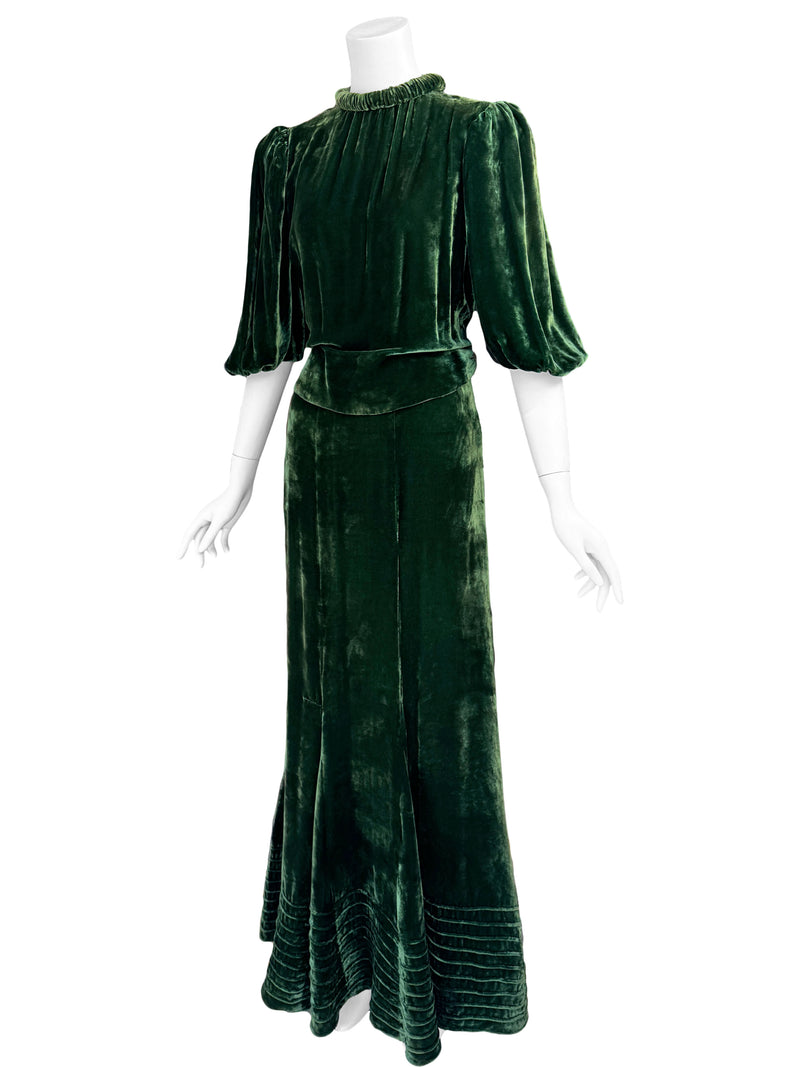 1930s Art Deco Green Velvet Gown