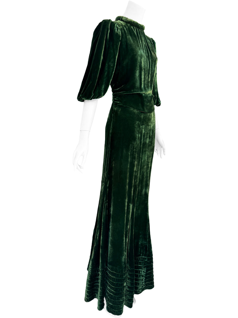 1930s Art Deco Green Velvet Gown