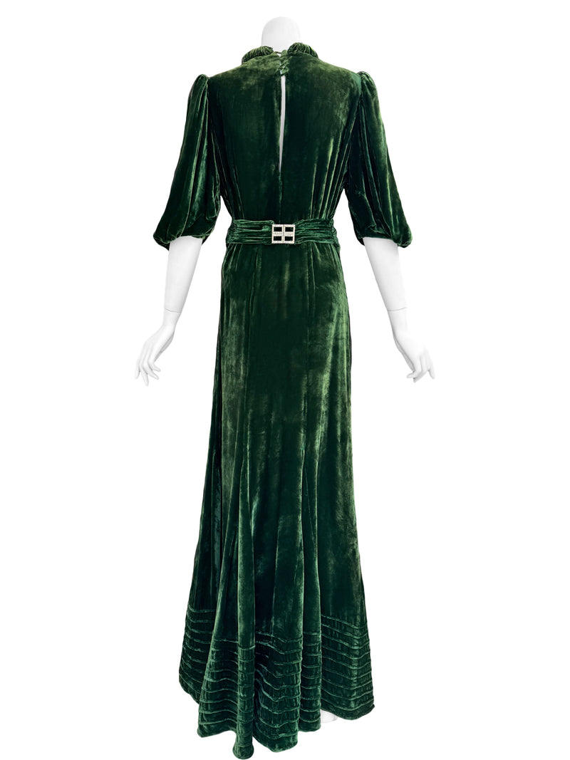 1930s Art Deco Green Velvet Gown