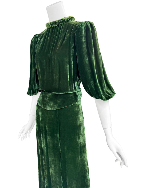 1930s Art Deco Green Velvet Gown
