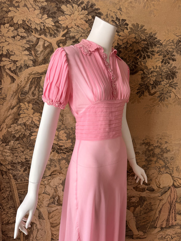 1930s Pink SIlk Maxi Dress with Roleaux Work Flowers