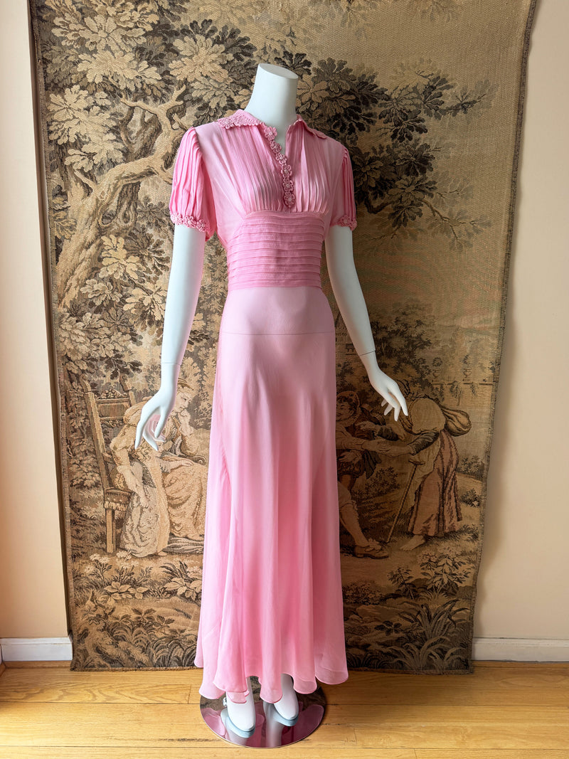 1930s Pink SIlk Maxi Dress with Roleaux Work Flowers
