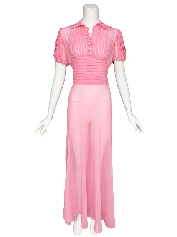 1930s Pink SIlk Maxi Dress with Roleaux Work Flowers