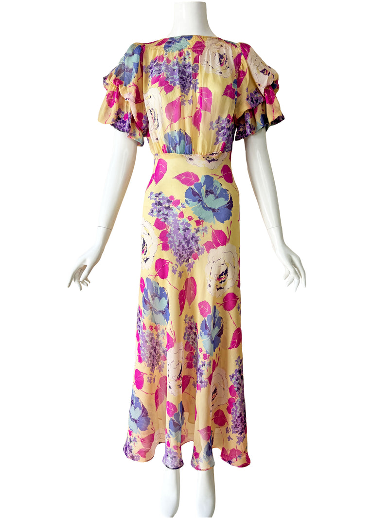 1930s Deco Floral Silk Midi  Dress
