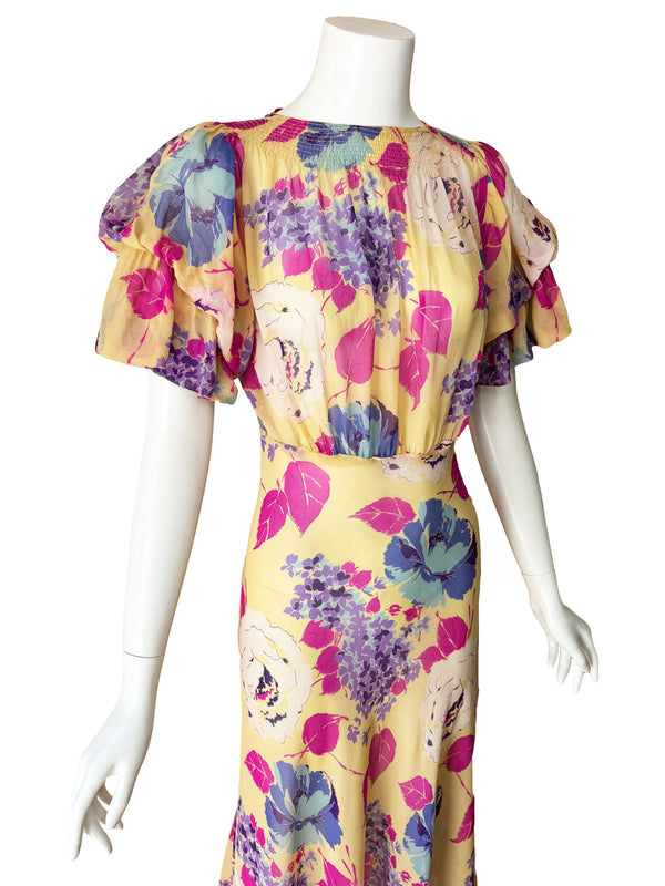 1930s Deco Floral Silk Midi  Dress