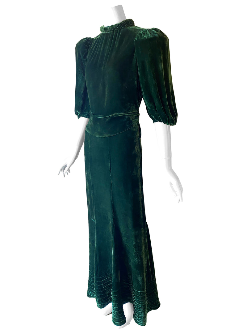 1930s Art Deco Green Velvet Gown