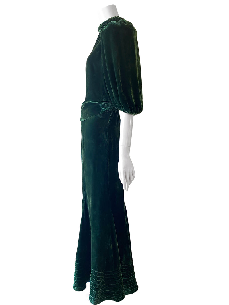 1930s Art Deco Green Velvet Gown