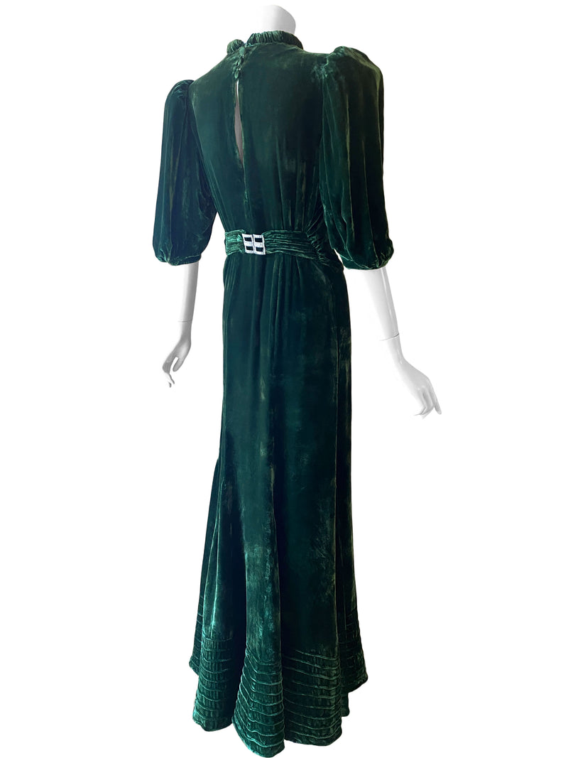 1930s Art Deco Green Velvet Gown