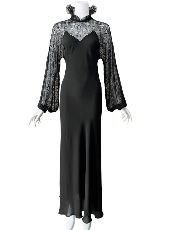 1930s Black Lace & Crepe Maxi Dress