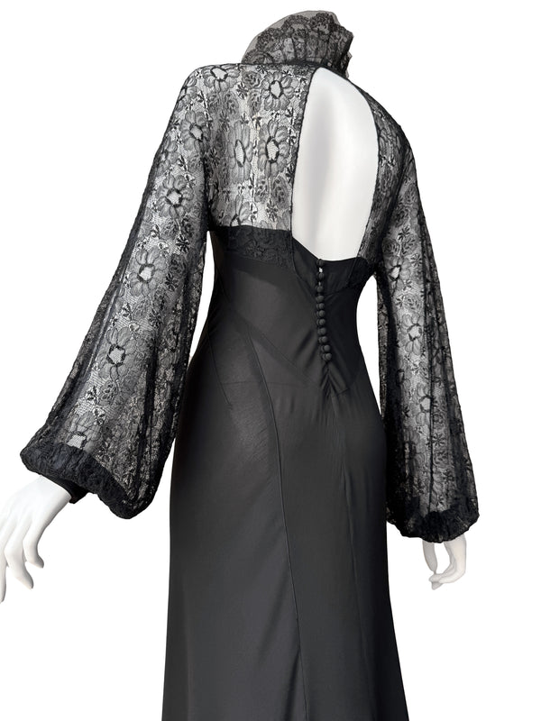 1930s Black Lace & Crepe Maxi Dress