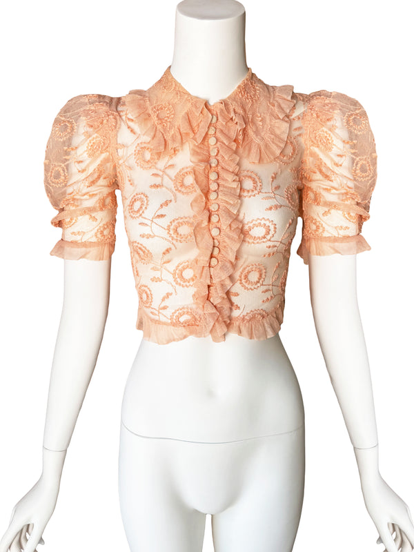1930s Ballet Pink Embroidered Net Blouse