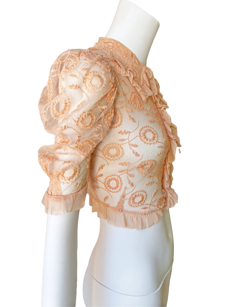1930s Ballet Pink Embroidered Net Blouse