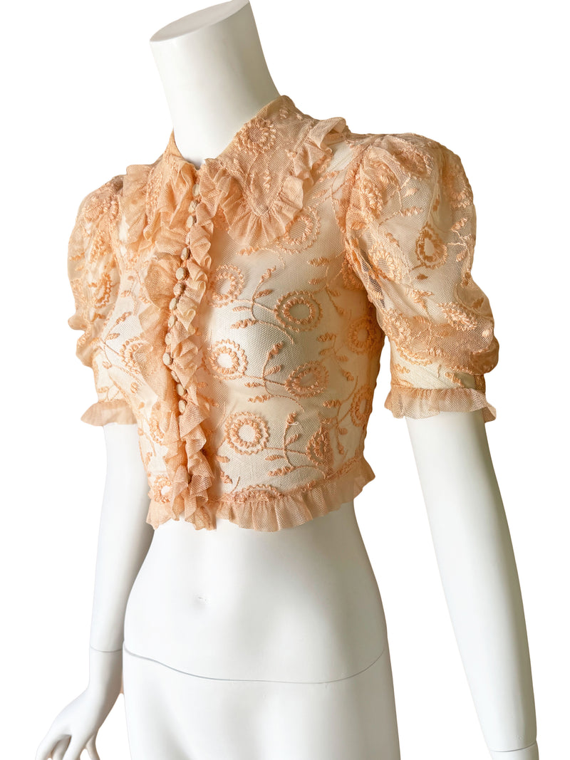 1930s Ballet Pink Embroidered Net Blouse
