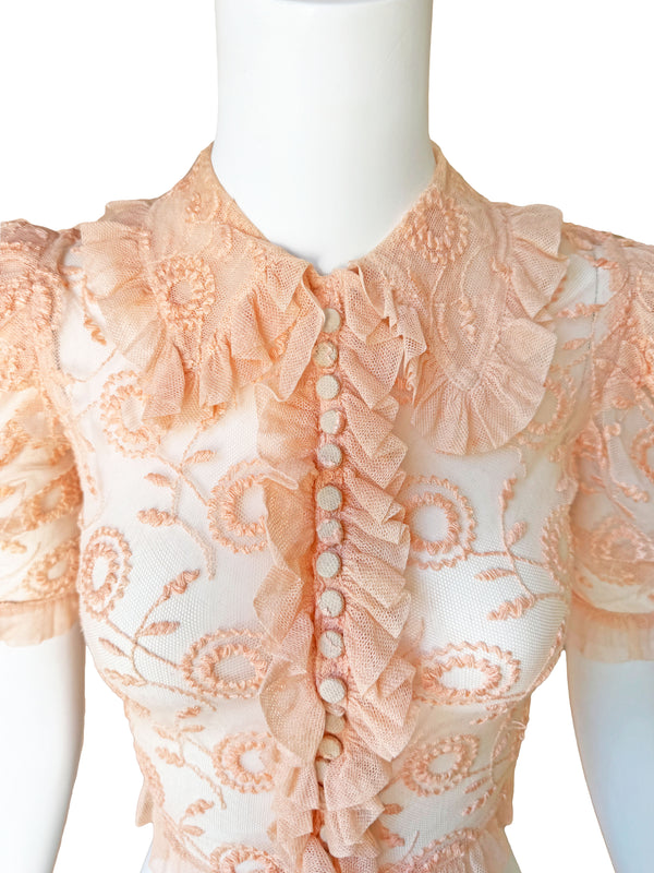 1930s Ballet Pink Embroidered Net Blouse