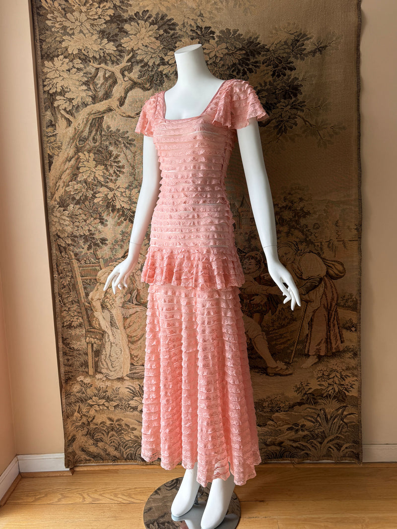 1930s Pink Lace Ruffle Maxi Dress Sweet Disorder Vintage 1930s Pink Lace Ruffle Maxi Dress Sweet Disorder Vintage