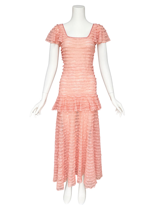 1930s Pink Lace Ruffle Maxi Dress