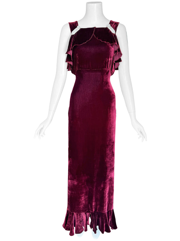 Art Deco 1930s Ruffled Velvet Maxi Dress