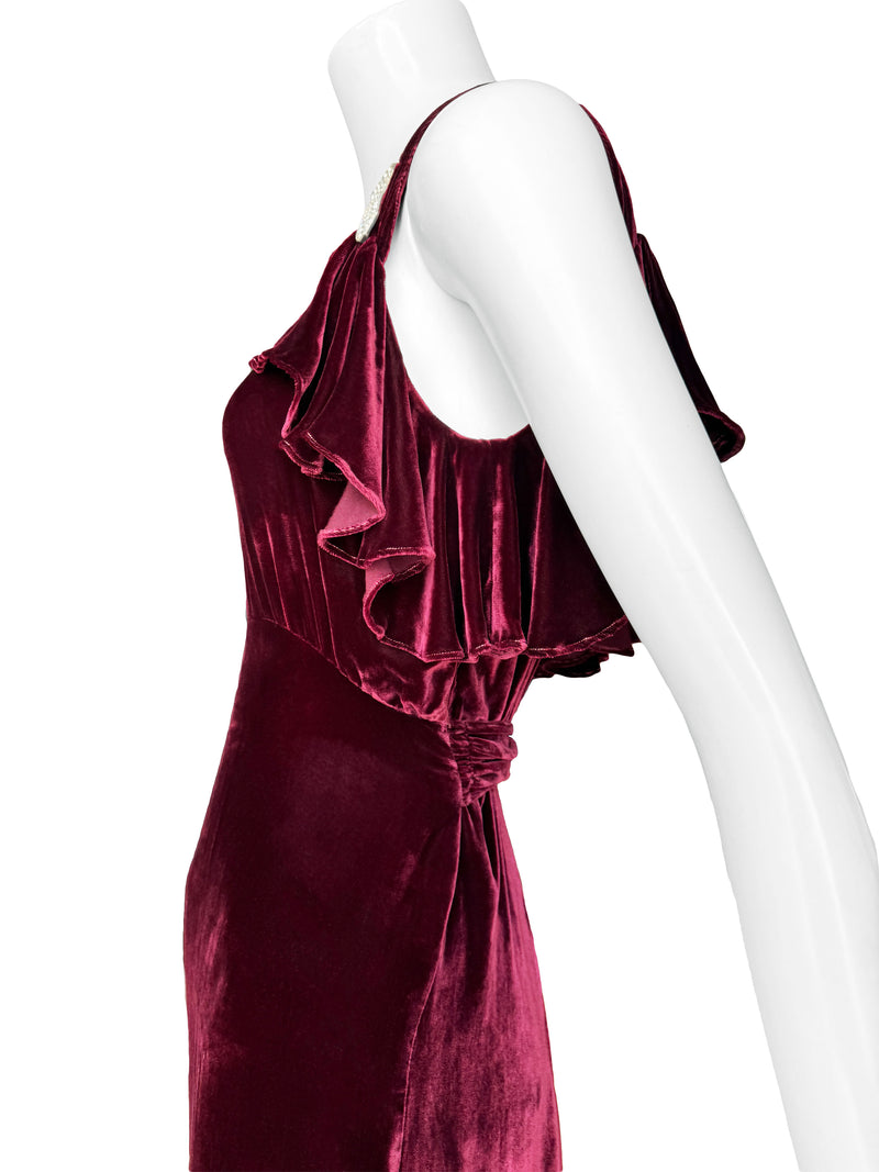 Art Deco 1930s Ruffled Velvet Maxi Dress