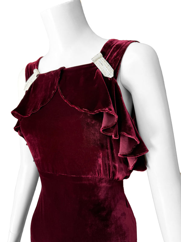 Art Deco 1930s Ruffled Velvet Maxi Dress