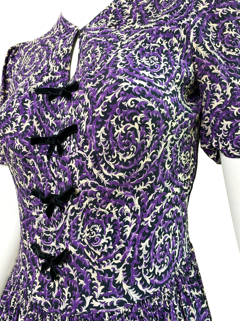 1940s Purple & Black Print Dress