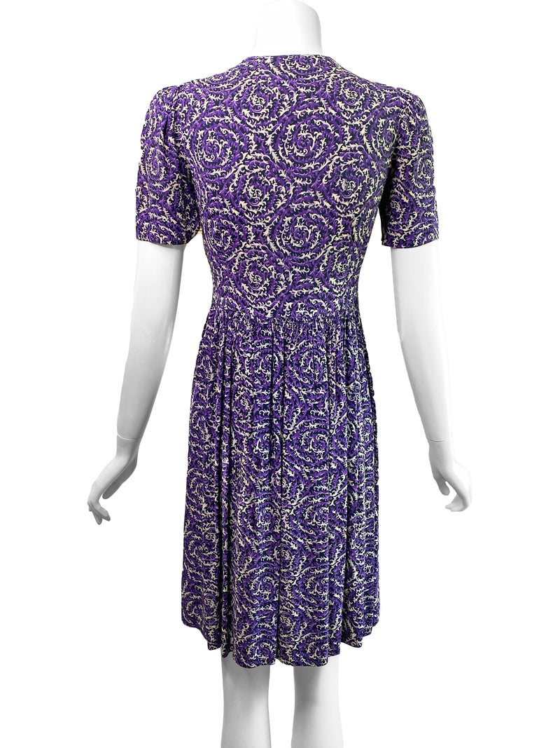 1940s Purple & Black Print Dress