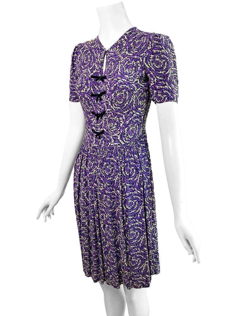 1940s Purple & Black Print Dress