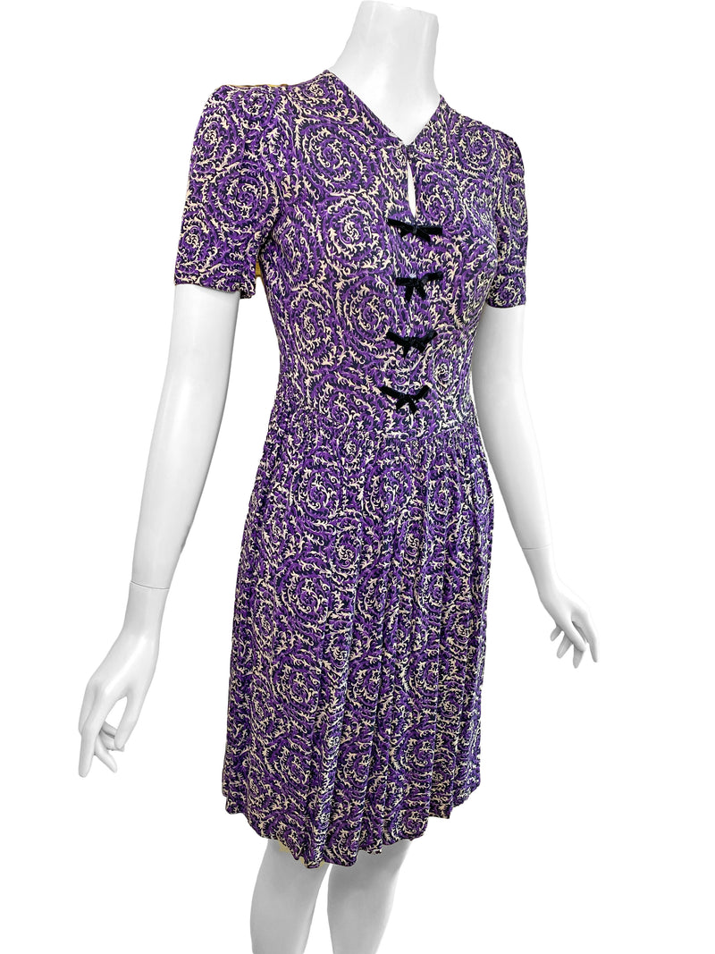 1940s Purple & Black Print Dress