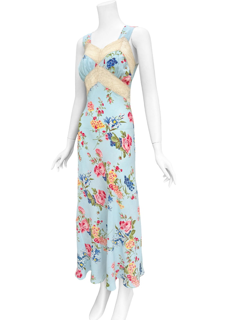 1940s Sky Blue Floral Chiffon Slip Dress
