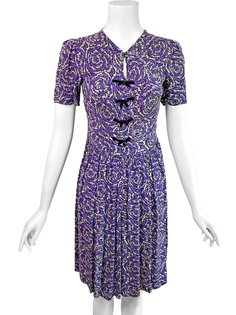 1940s Purple & Black Print Dress