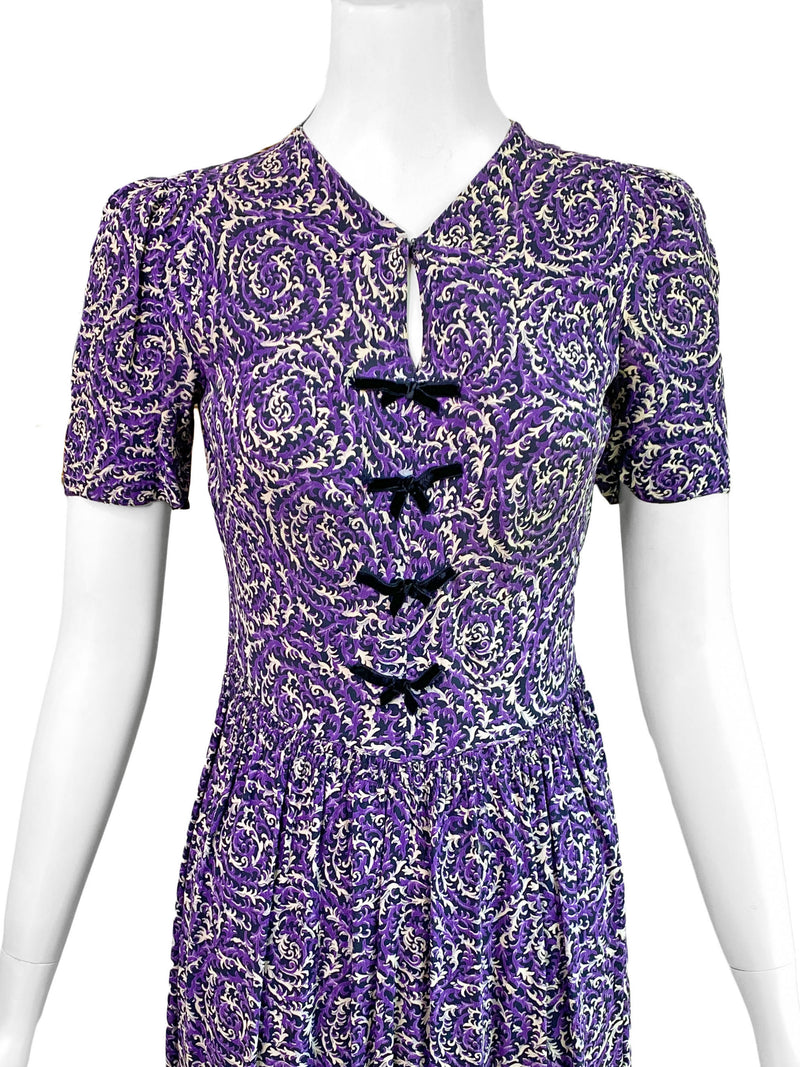 1940s Purple & Black Print Dress