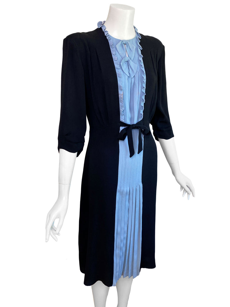 1930s Black & Blue Crepe Dress