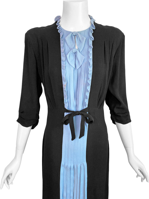 1930s Black & Blue Crepe Dress