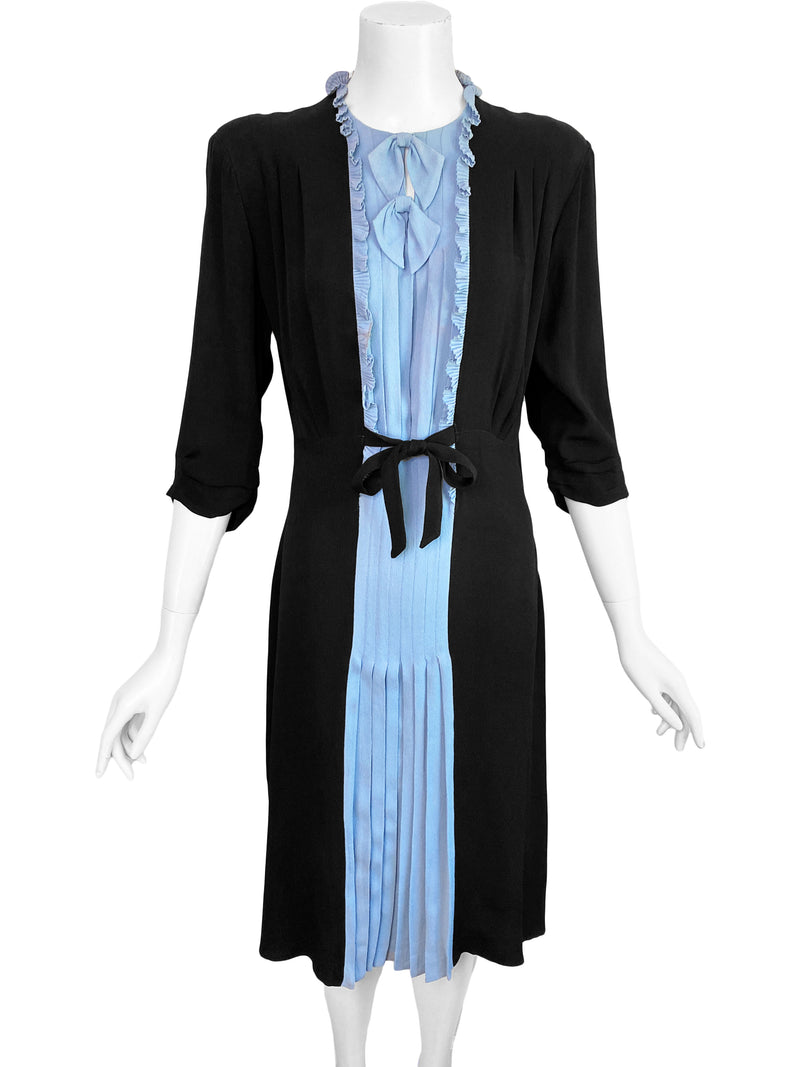 1930s Black & Blue Crepe Dress