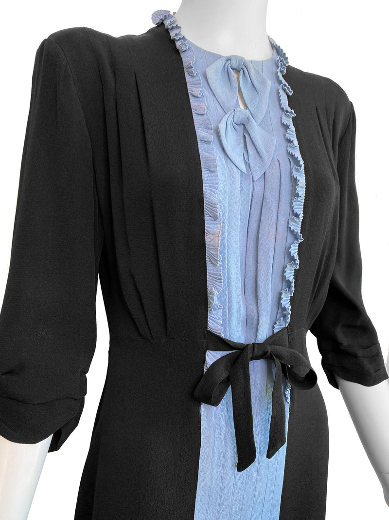 1930s Black & Blue Crepe Dress