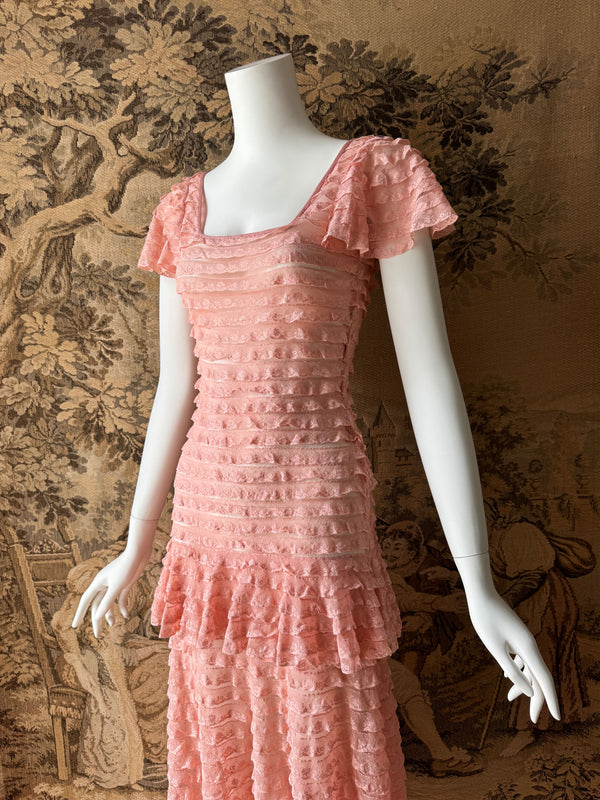 1930s Pink Lace Ruffle Maxi Dress