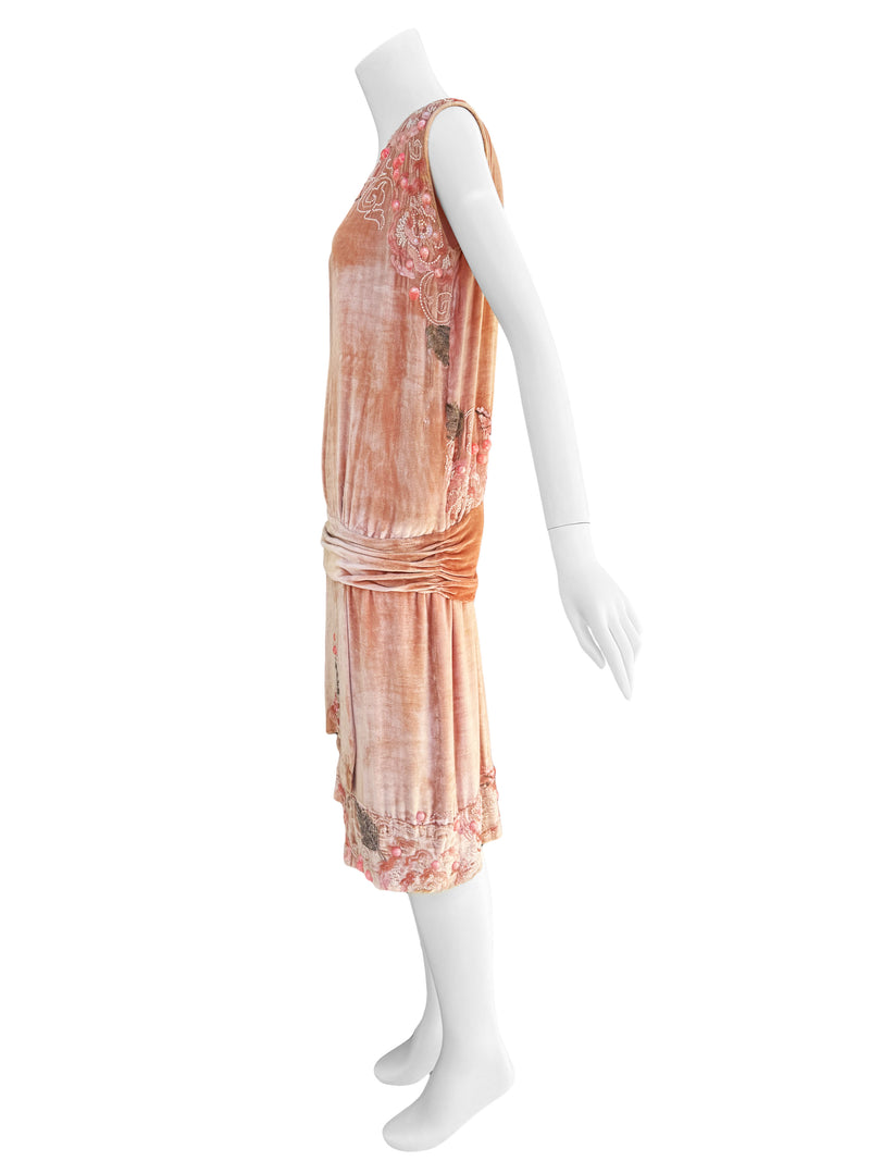 1920s French Couture Pink Silk Velvet Dress & Coat  Set