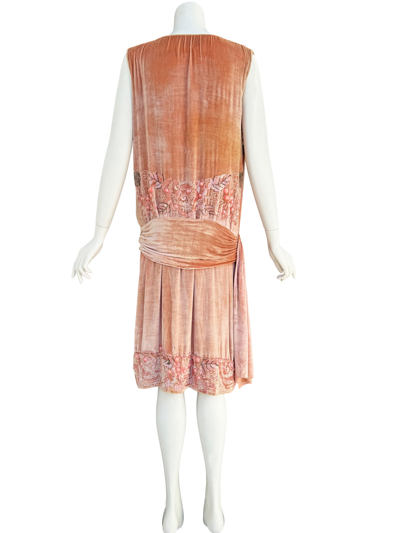 1920s French Couture Pink Silk Velvet Dress & Coat  Set